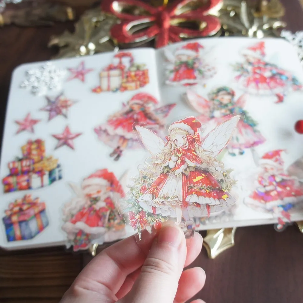 15 Pcs Laser Diamond Pattern Christmas Elf Came To Give Gifts Design Pvc Sticker Gift Tag Decoration Scrapbooking DIY Sticker