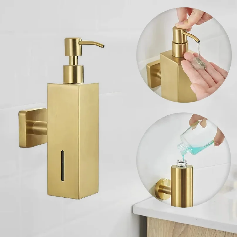 

304 Brushed Stainless Steel Manual Soap Dispenser Wall Mounted Golden Black Square Round Soap Dispenser for Hotel Bathrooms