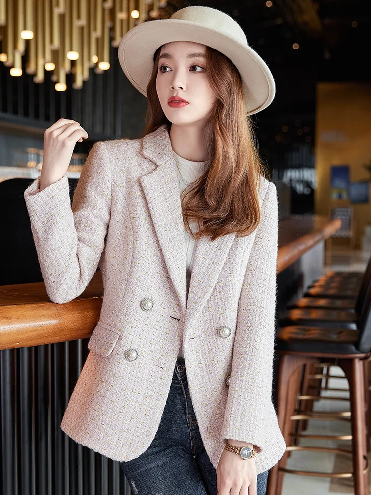 

Spring Women Jacket Tweed Woolen Coats Female Casual Thick Blazers Outerwear Long Sleeve Suits Female Tops Lady Office Blazer