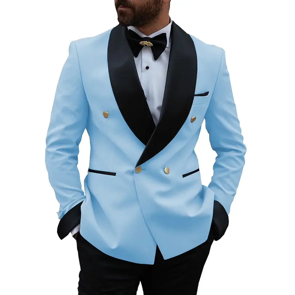 Latest Light Blue Black Men's Suits Regular Fit 2 Pieces Double Breasted Tuxedos Shawl Lapel Blazer Pants for Wedding Grooms