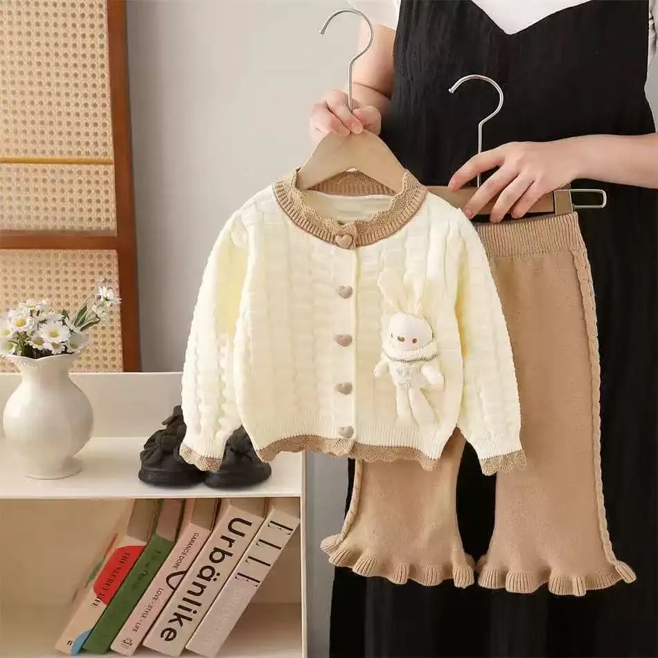 

Girls Sweater Set Autumn And Winter New Cute Knitted Cartoon Little Rabbit Knitted Cardigan Pants Two Piece Set 80-130CM