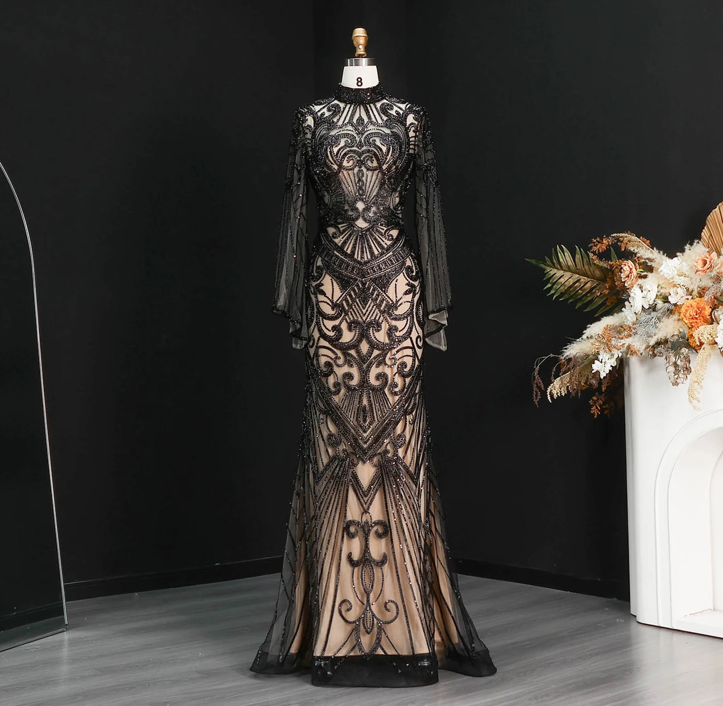 Sharon Said Abendkleider Luxuriöse Meerjungfrauenkleider mit Hohem Kragen und Langen Ärmeln, Funkelnde Pailletten-Formelle Kleider für Abschlussball und Party, Elegantes SS055 Maßgeschneidert – Detail 11