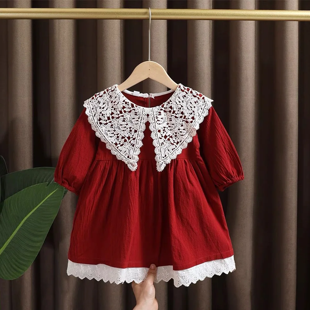

Children's Prom Dress Red Girl Party Dresses For Girls Cotton French Peter Pan Collar Long Sleeve Princess Style Birthday Gifts