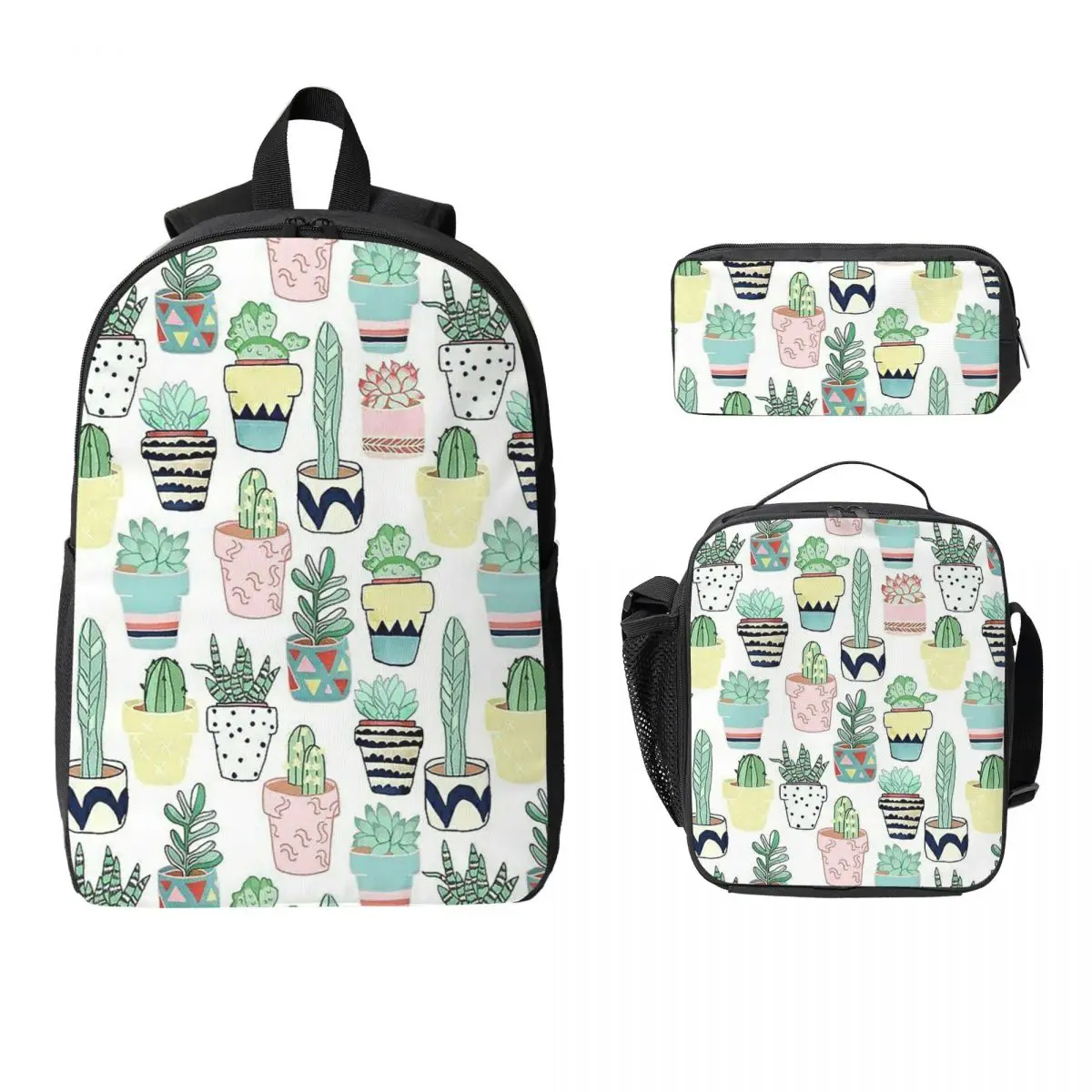 Cactus Potted Plant Illustrations Backpack Student BookBag School Bag Laptop Shoulder Bags 3ps Insulated Lunch Bag Pencil Case