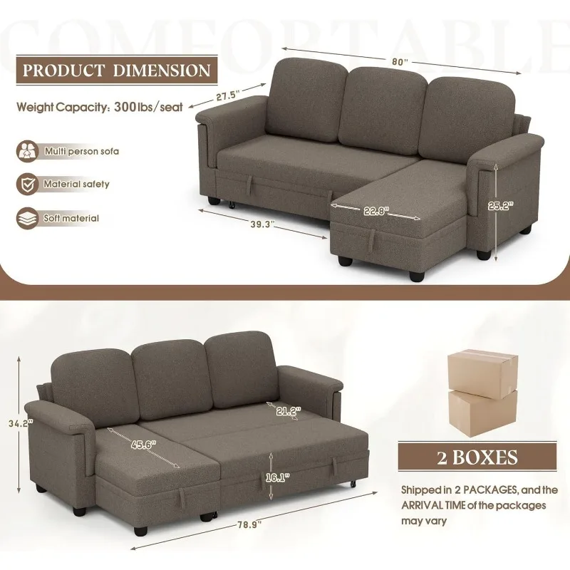 Sleeper Sofa, L-Shaped Sofa Couch with Side Storage Pocket Pull Out Bed with Reversible Storage Chaise Sectional Couches