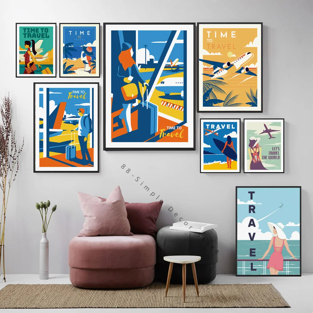 

Boy Girl Aircraft Sea Travel Scandinavian Nordic Posters Prints Wall Art Canvas Painting Wall Living Room Home Decor Pictures