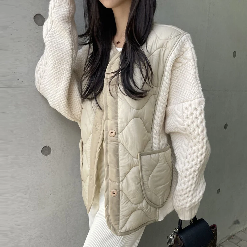 V Neck Fake Two Jackets for Women 2025 Chaquetas Para Mujer Winter Cotton Parkas Thick Knitted Cardigan Twists Coat Y2k Top