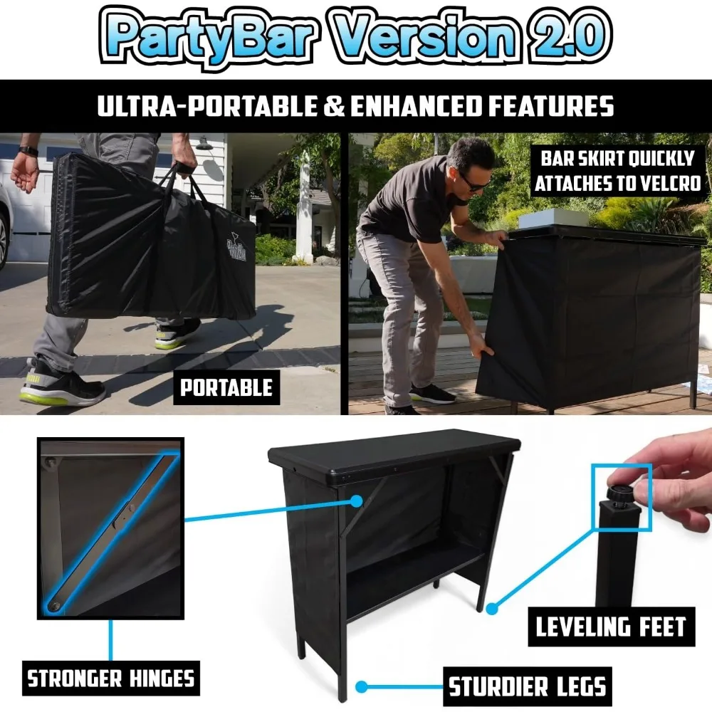 portable folding bar with led lights, wireless remote, dual bar skirts, storage shelf, and carrying case - black for outdoor ent