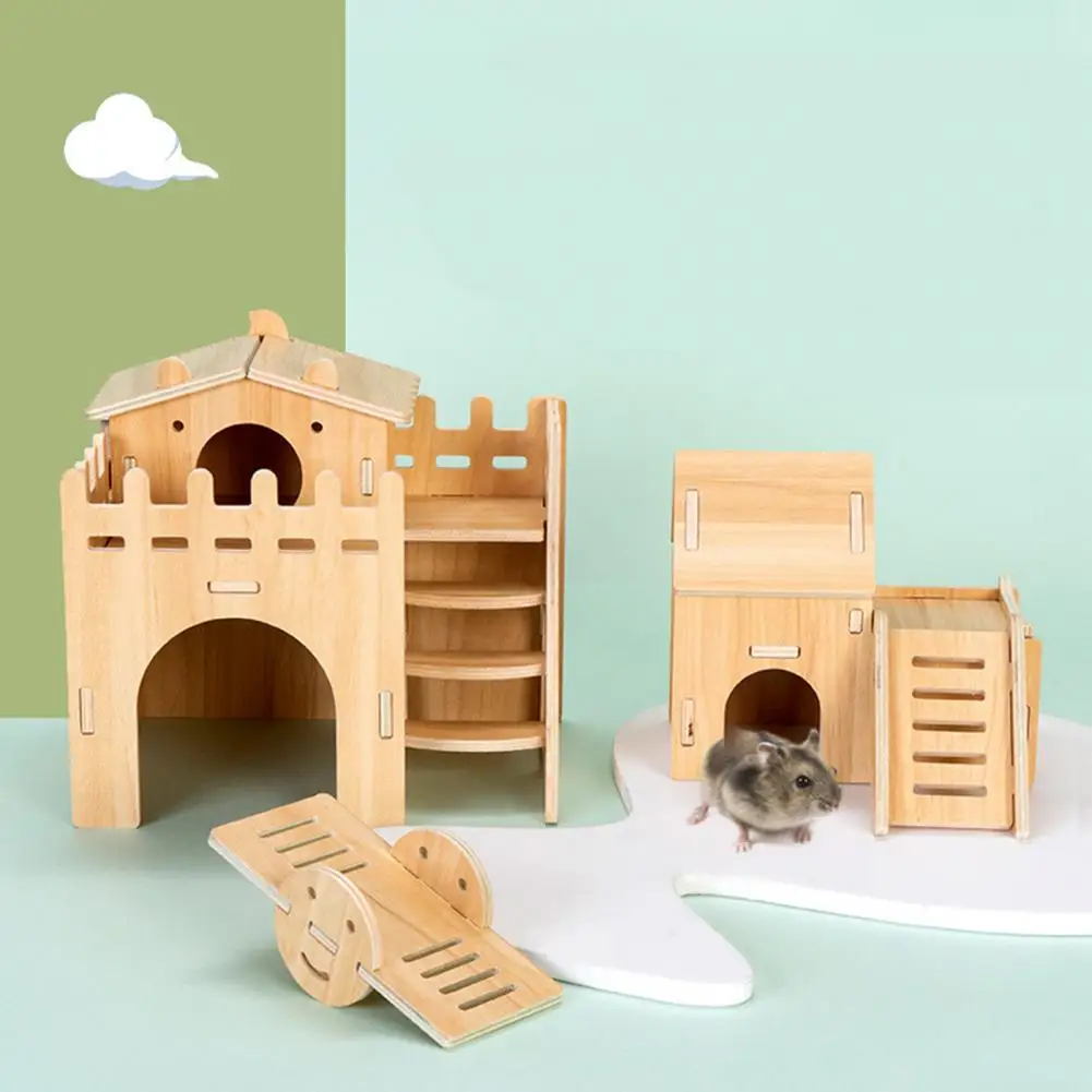 Hamster Villa Double Layer Hamster House Harmless Pet Toy Solid Wood Dwarf Hamsters Climbing Play Hut Chews Toy Pet Accessories