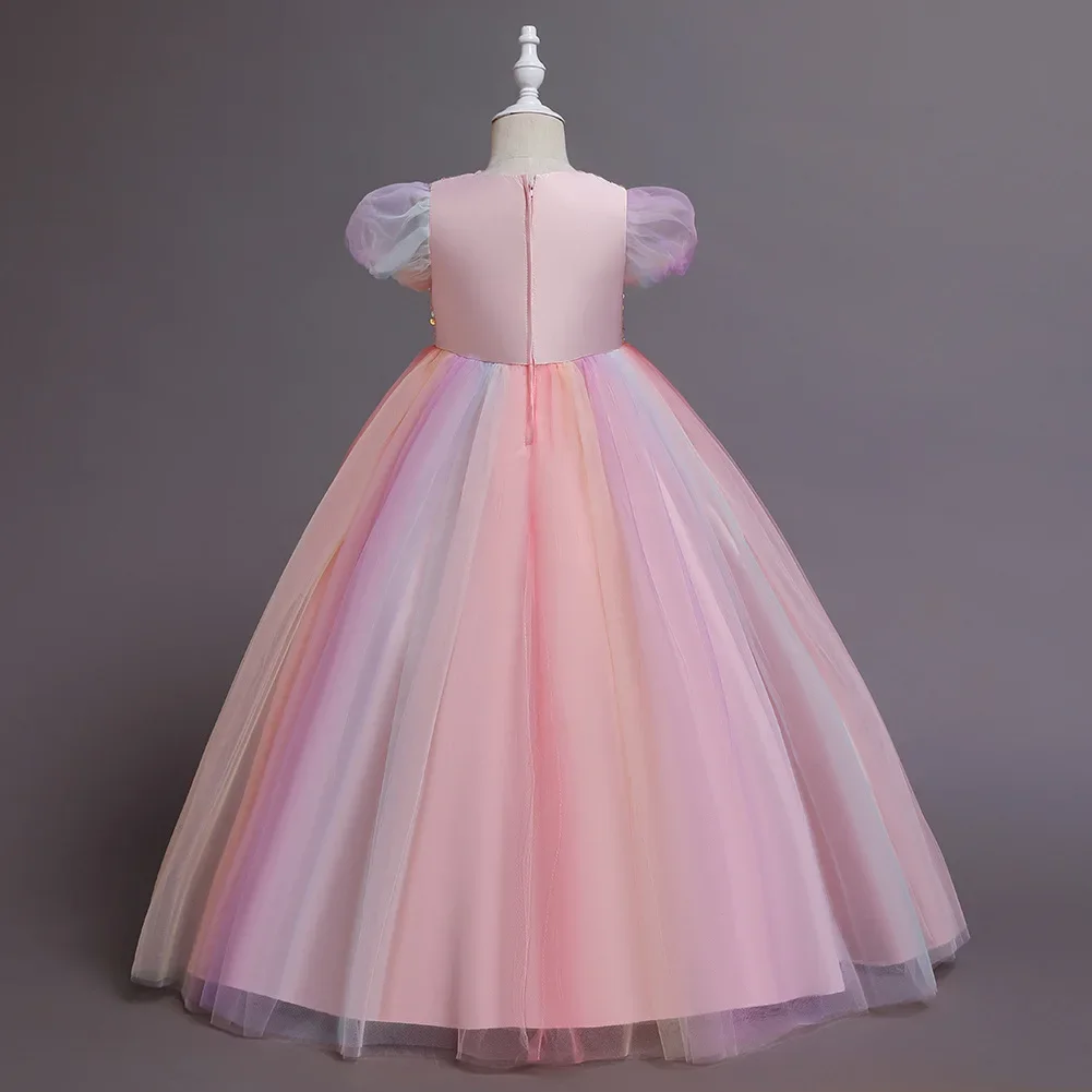 Elegant Sequins Girls Wedding Party Dresses Rainbow Tulle Puff Sleeves Princess Kids Child Evening Prom Clothes 10 12 14 Years