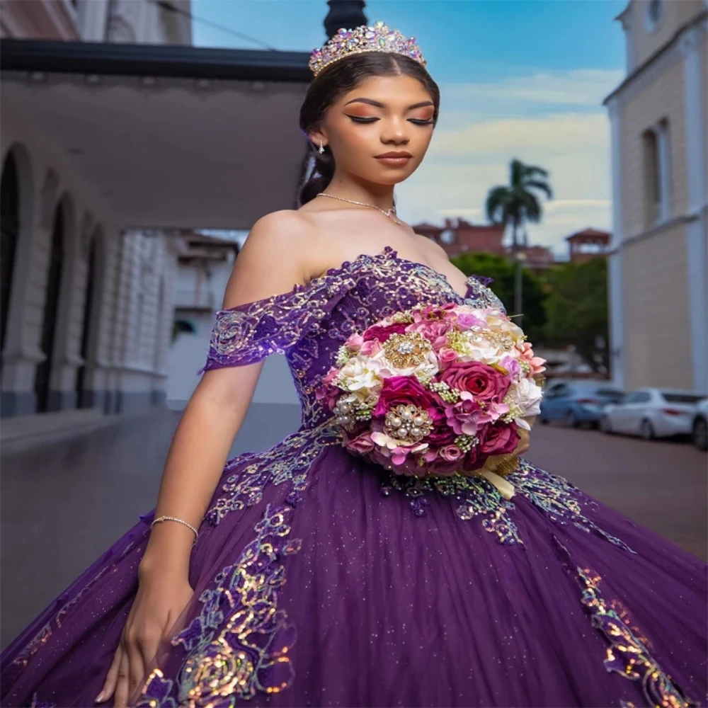 Sparkly Sequins Appliques Quinceanrra Prom Dresses Romantic Sweetheart Neck Princess Long Luxury Purple Sweet 16 Dress Vestidos