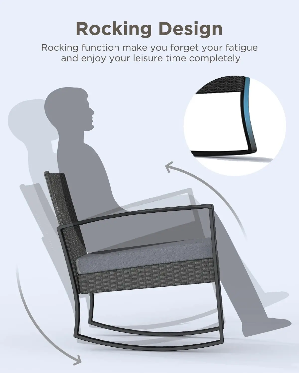 3 Pieces Patio Furniture Set Rocking Bistro Set Outdoor Rattan Conversation with Coffee Table  (Grey Cushion)