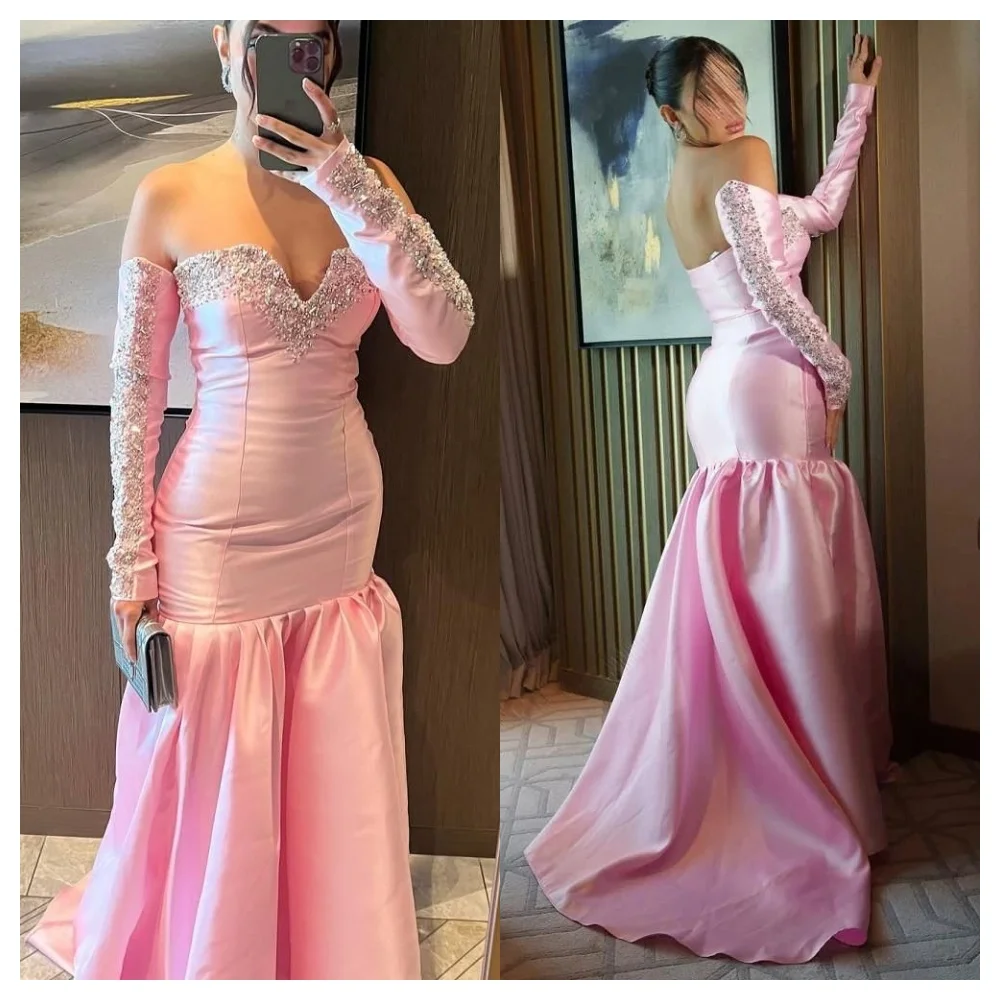 

Customized Luxury Pink Satin Evening Dress Exquisite Strapless Sleeveless Party Dress High Quality Floor Length Celebrity Gowns
