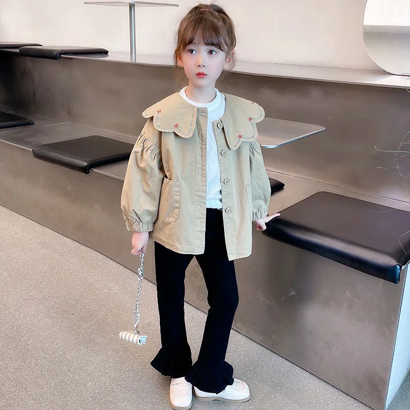 Girls Western-Style Korean Trench Coat Spring Autumn New Fashion Long Sleeved Doll Collar Jacket Children's Outerwear