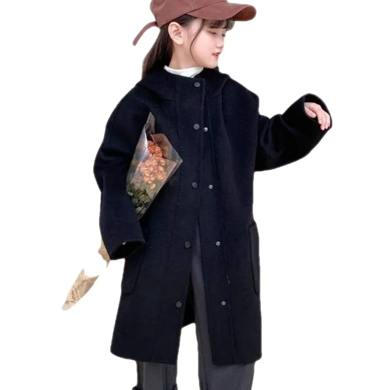 Girls Double Sided Cashmere 2023 Autumn and Winter New Fashion Coat Children Woolen Fabric Mid Length Korean Edition Coat