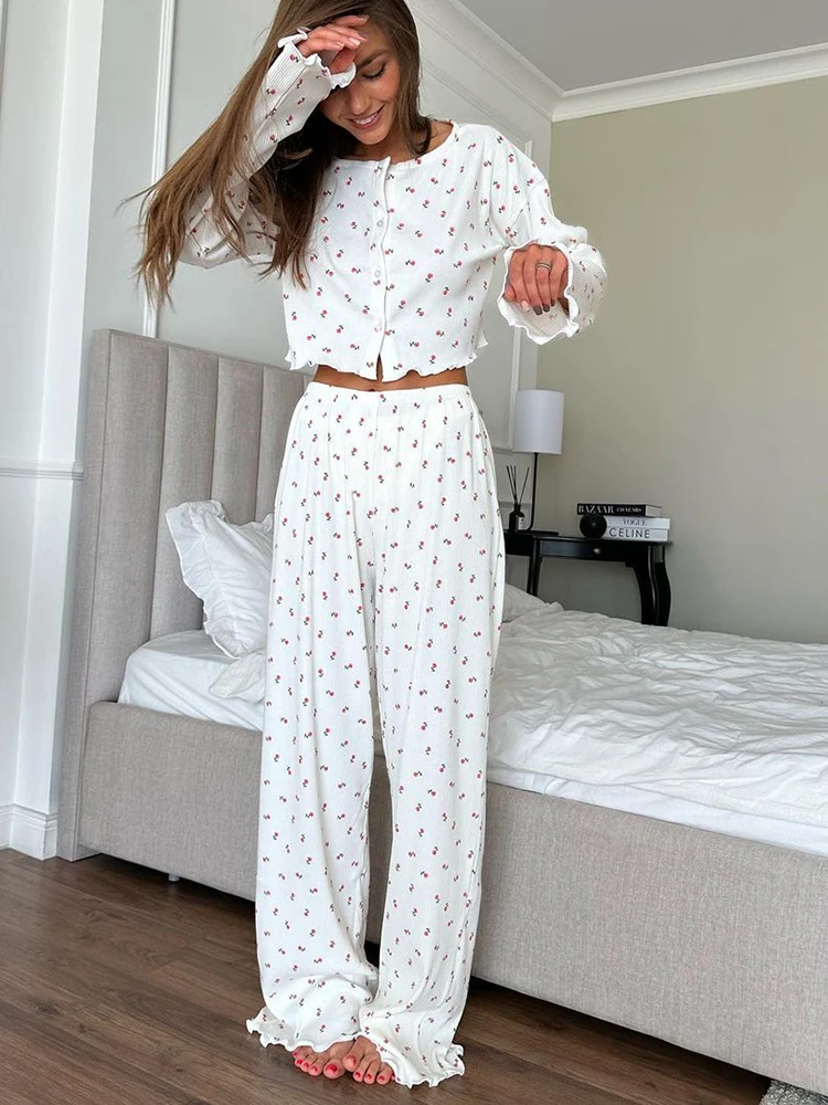 Linad Print Pajamas For Women 2 Piece Sets Knitted O Neck Long Sleeve Crop Top Casual Female Trouser Suits Autumn Sleepwear