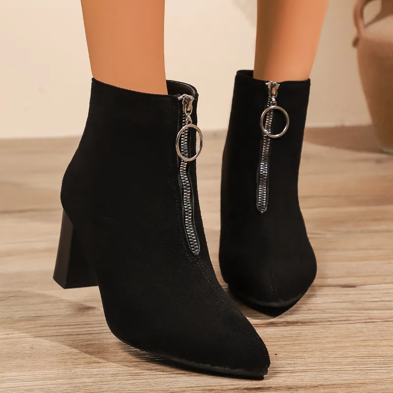 

Темпераментные ботинки на квадратном каблуке, осенние новые замшевые ботинки с острым носком на молнии, нескользящие износостойкие ботинки