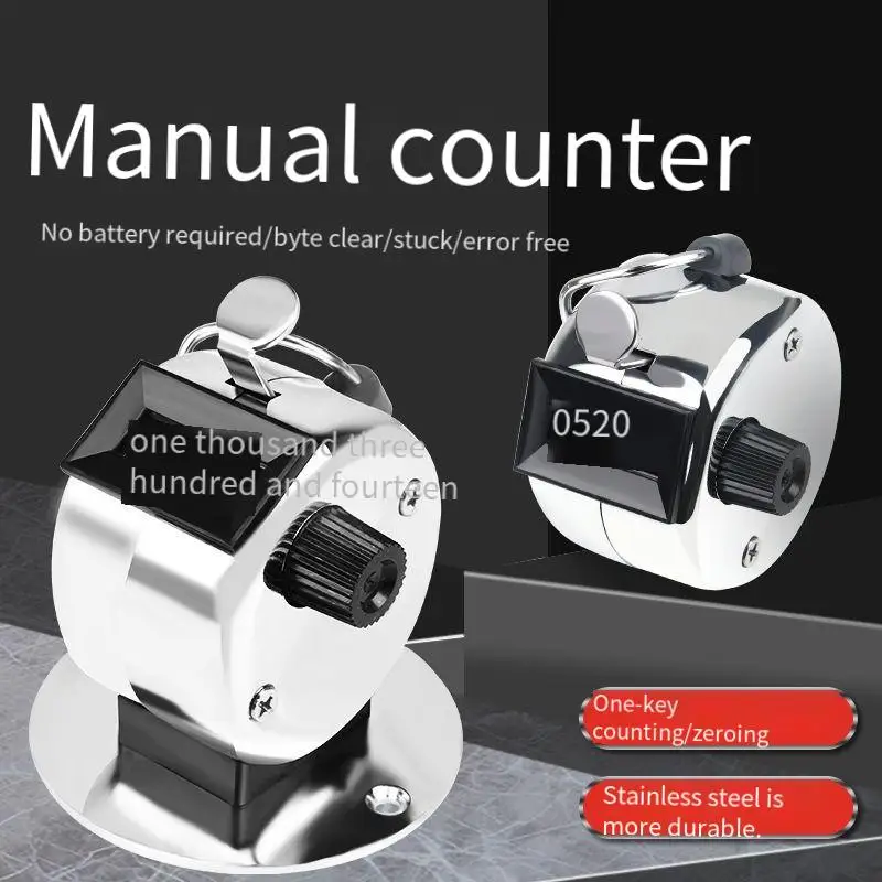 Manual Press Mechanical Counter 0-9999 - Silver Stainless Steel People/Traffic Flow Metal Tally Clicker
