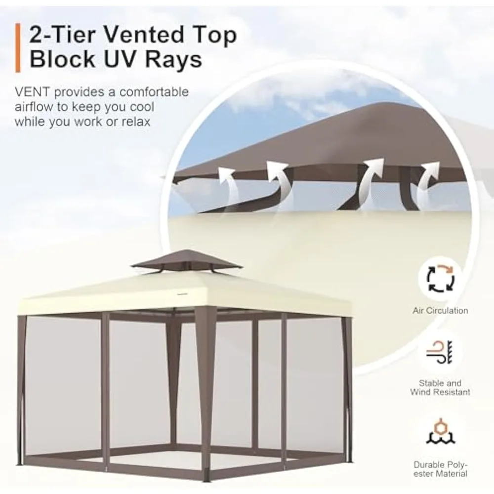 Patio Gazebo Tent Outdoor Canopy Shelter 10'x10' w/Mosquito Netting with 100 Square Feet of Shade for Garden, Backyard Deck and