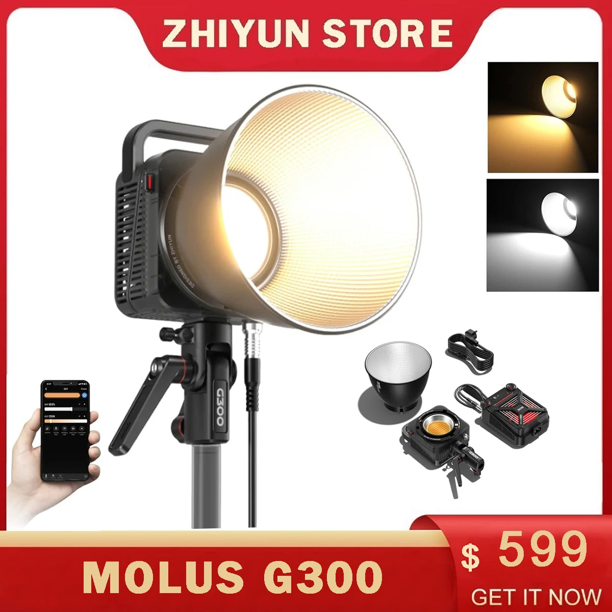 ZHIYUN Molus G300 300W COB Video Light Photography Lighting with Bowens Mount 2700K-6500K Built-in 14 Lighting Effects APP Contr