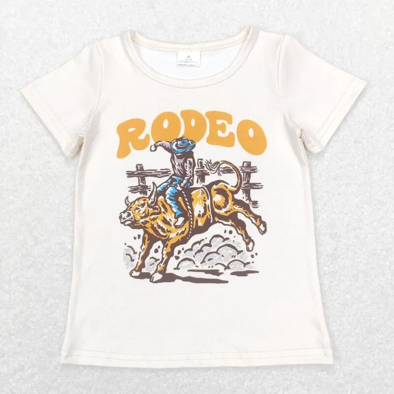 

New rts infant boys summer short-sleeved tops wholesale boutique rodeo riding beige short-sleeved boy shirts