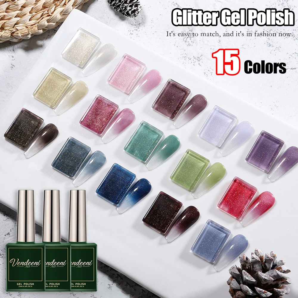 Vendeeni 15 Colors/Set Glitter Gold Powder Gel Nail Polish UV LED Soak Off Set Shiny Gel Varnish Manicure Nail Art Gel Lacquer