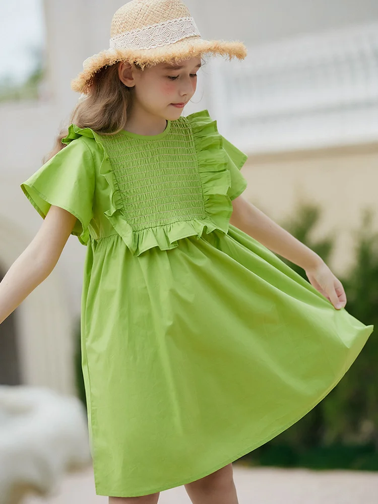 

Baby Girls Dresses 100% Cotton Green Short Sleeve 2022 Summer Kids Thin Clothing 3T 10T Children Cute Fashion Wear 110cm 165cm