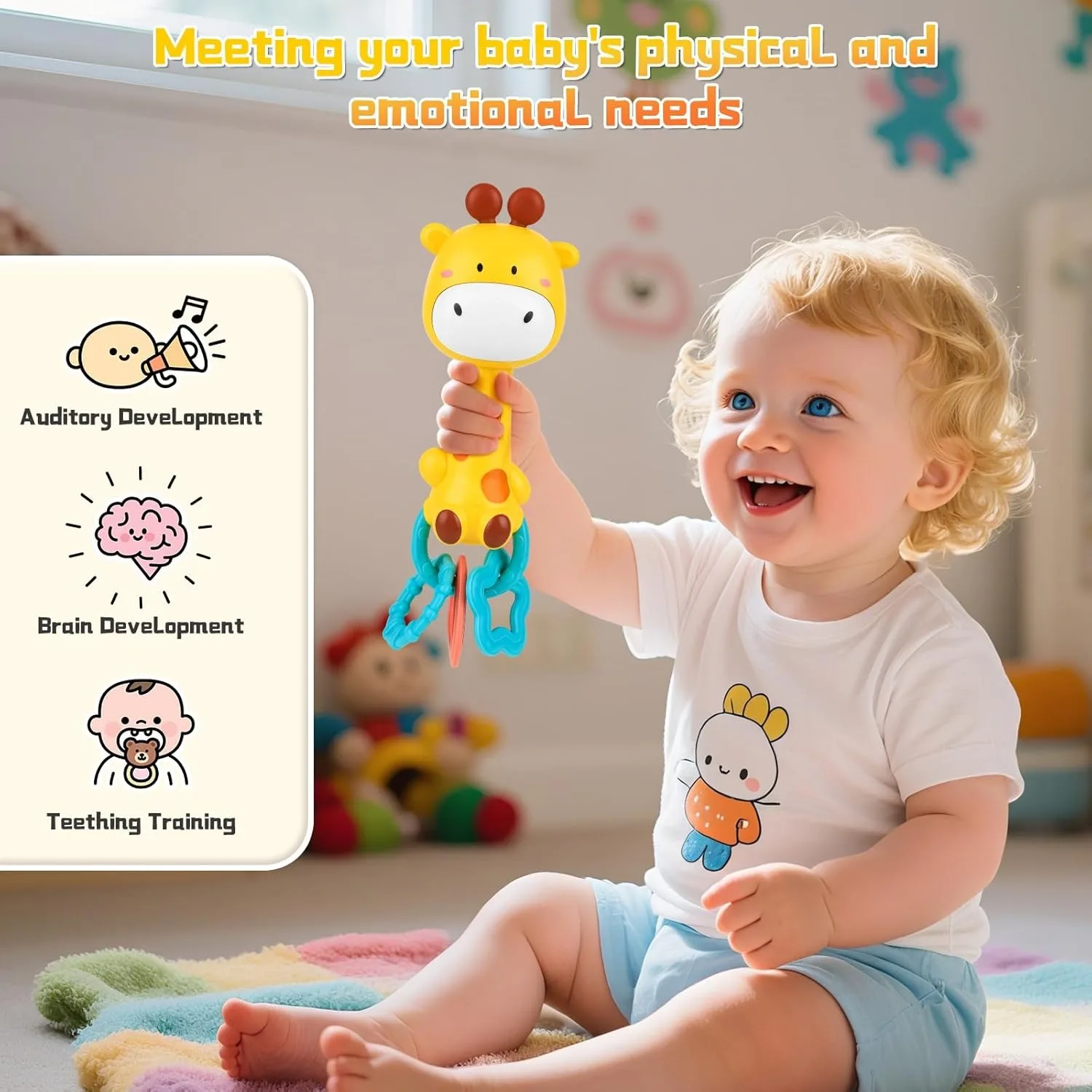 Jouets pour bébés pour tout-petits, hochet musical essentiel, anneau de dentition, girafe, à mâcher sensorielle, en caoutchouc, cadeau de 1er anniversaire, noël, Halloween