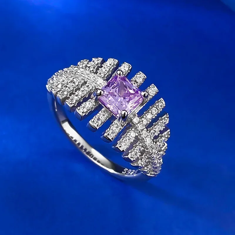 SpringQiaoer 100% 925 Sterling Silver 5*5 MM Princess Cut Amethyst High Carbon Diamond Gems Fine Jewelry Ring for Women