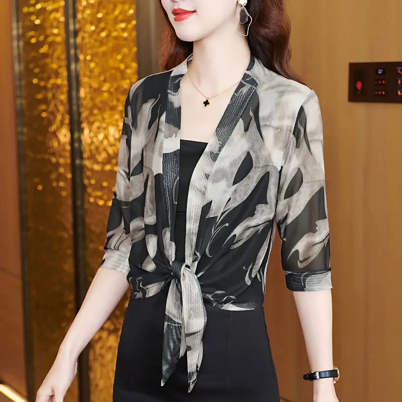 Women\'s Clothing Summer Fashion Printed Lace Up Sunscreen Cardigan Jacket Elegant Slim Half Sleeve Thin Ice Silk Mesh Shawl Coat