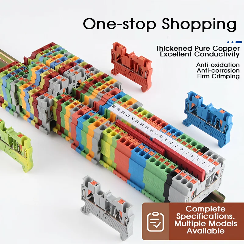 DIN Rail Terminal Block PT2.5 Series 2.5mm² Push In Electrical Wire Spring Connector Screwless Quick Plug Up-Down Bridgeable