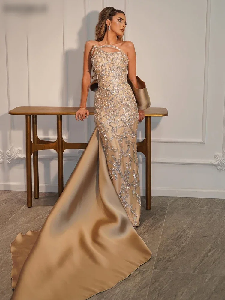 

Big Bow Train New Elegant Champagne Prom Gowns Luxury Diamond Beaded Sequined Evening Dresses Customized