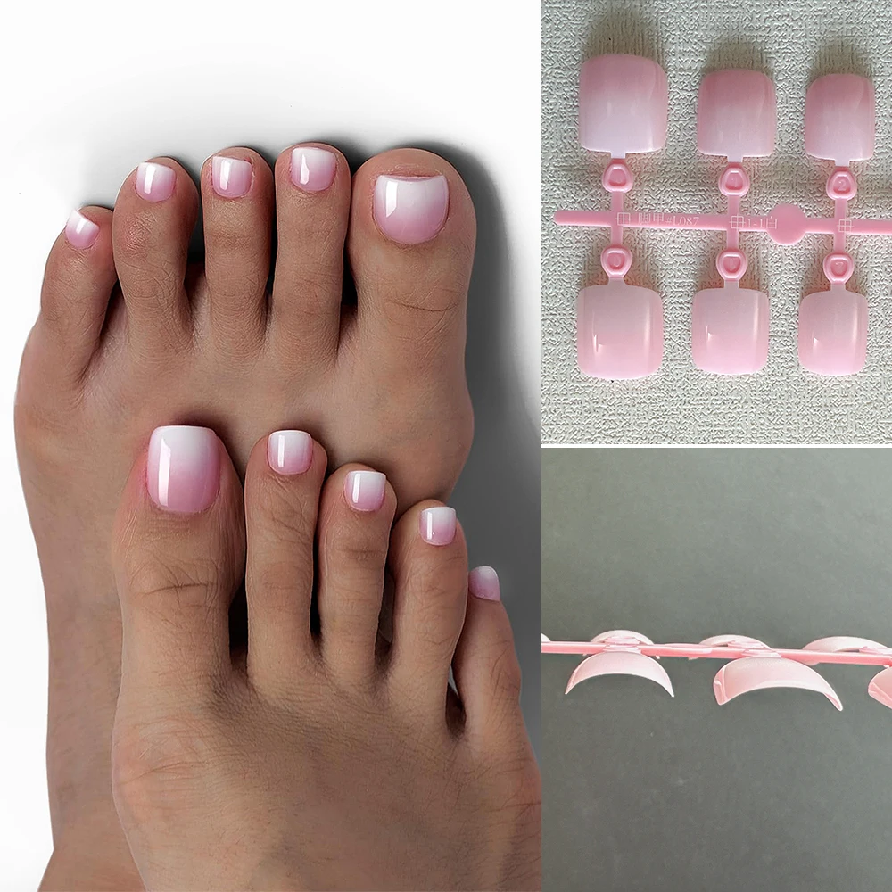 120pcs French Fake Press on Toenails Wearable Gradient White Pink Nude Short Square Toe Nails DIY Full Cover Foot Nails Tips