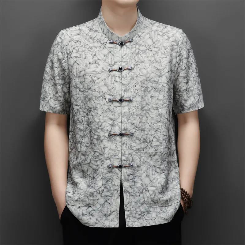 Lightweight Tang Costume Shirts For Men Short Sleeve Breathable Summer Quality Linen 8.6% Frog Button Boutique Camisas De Hombre