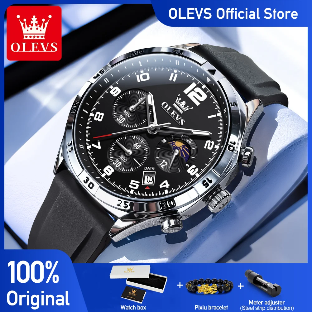 

OLEVS 2986 Men Quartz Movement Watch Multi-functional Dial Moon Phase Calendar Window Night Light Function 30m Waterproof Watch