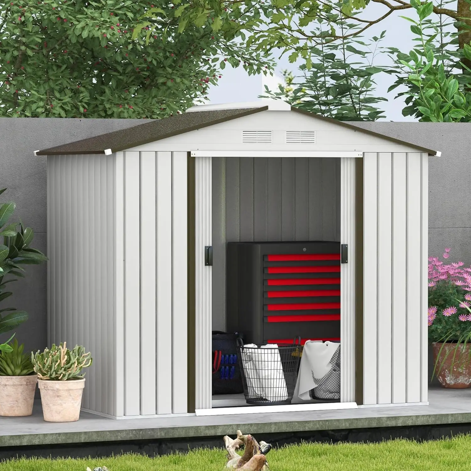 Outsunny 7' x 4' Outdoor Storage Shed, Garden Tool House with Foundation Kit, 4 Vents and 2 Easy Sliding Doors for Backyard