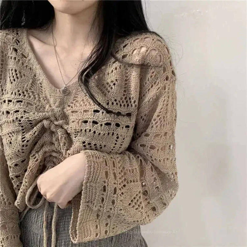 Fashion Hollow Out Pullover Women Y2k Lazy Style Long Sleeve Khaki Sweater Tops Female Sexy V Neck Pleated  Streetwear Jumper