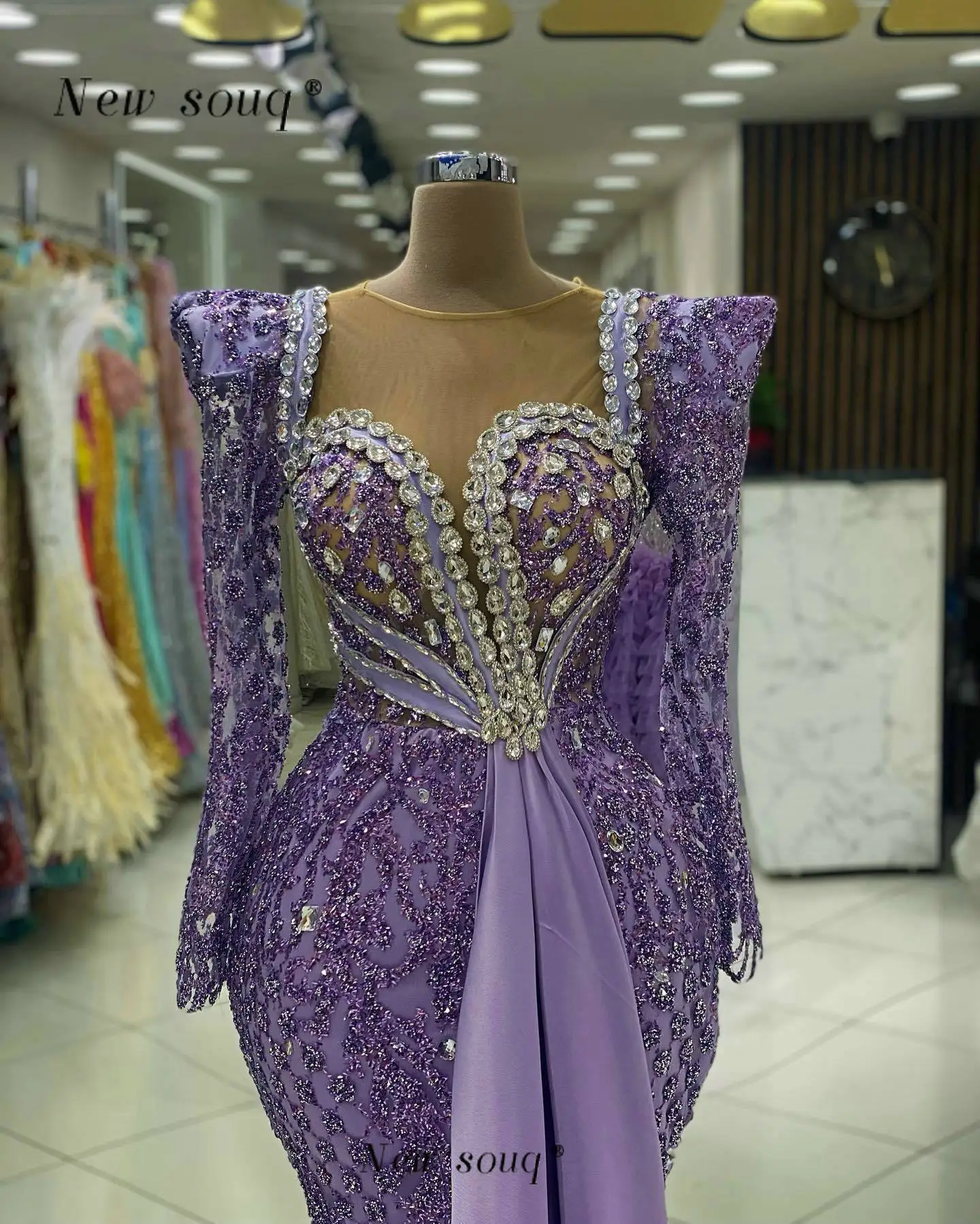 Vestidos de noche de manga larga con lentejuelas y purpurina morada árabe con sendero frontal 2024 Ocasiones formales Vestidos de cena de boda