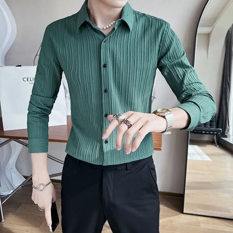 

Men Korean Fashion Solid Striped Business Casual Button Down Shirt Autumn Lapel Long Sleeve Slim Handsome Tops Camisas De Hombre