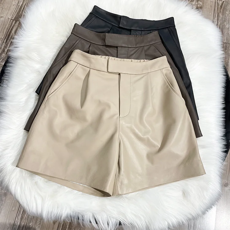 2024 New Genuine Sheepskin Leather Pants Versatile Diagonal Pocket Wide Leg Shorts E37