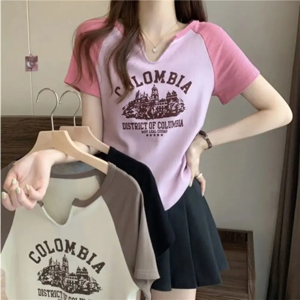 

Fashion Simple Style Short Sleeve Breathable V-neck Women's T-Shirt Slim-fit Letter Printing Short Top