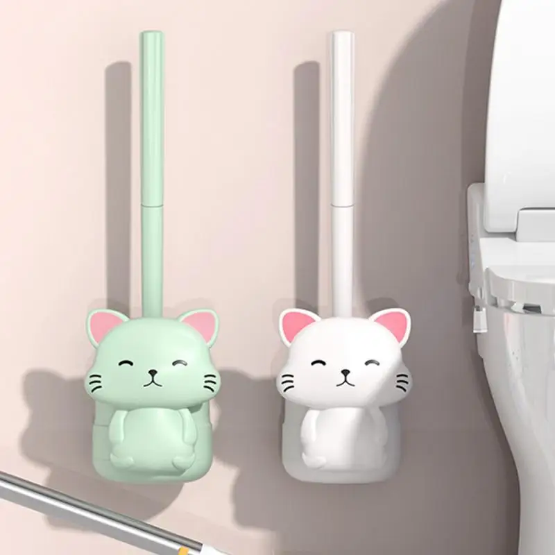 No Dead Angle Sanitary Brush Cute Cat Base Long Handle Squat Pit Cleaning Washing Toilet Artifact Toilet Brush Set Wall-mounted