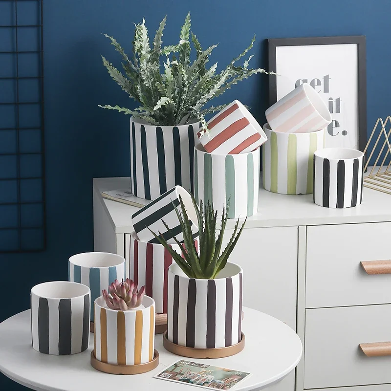1pc New Ceramic Hand-painted Flower Pot With Gold Tray Succulent Plant Pot Indoor Flower Pot With Hole in the Bottom