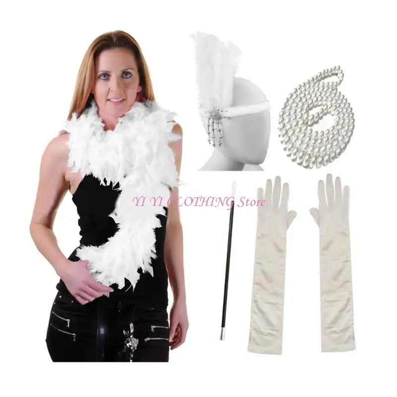 N5KF Accessori per costumi da donna Flapper Copricapo Collana Sciarpa per feste a tema anni '20