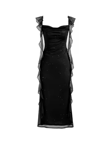 Women's Elegant Black Sparkle Ruffle Strap Midi Dress Evening Party Cocktail Event Formal Gathering Appropriate Garment