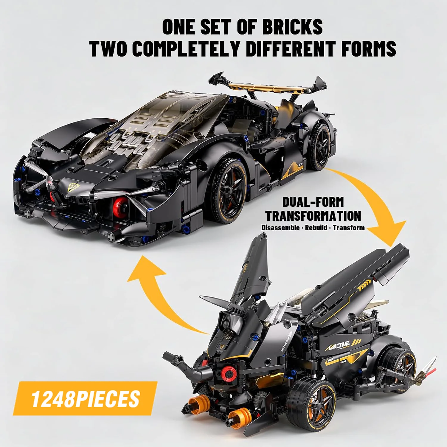 1248PCS Black Gold Technical Supercar Building Kit 2 In 1 Mechanical Cars Model DIY Assembly Block Brick Education Toy Xmas Gift