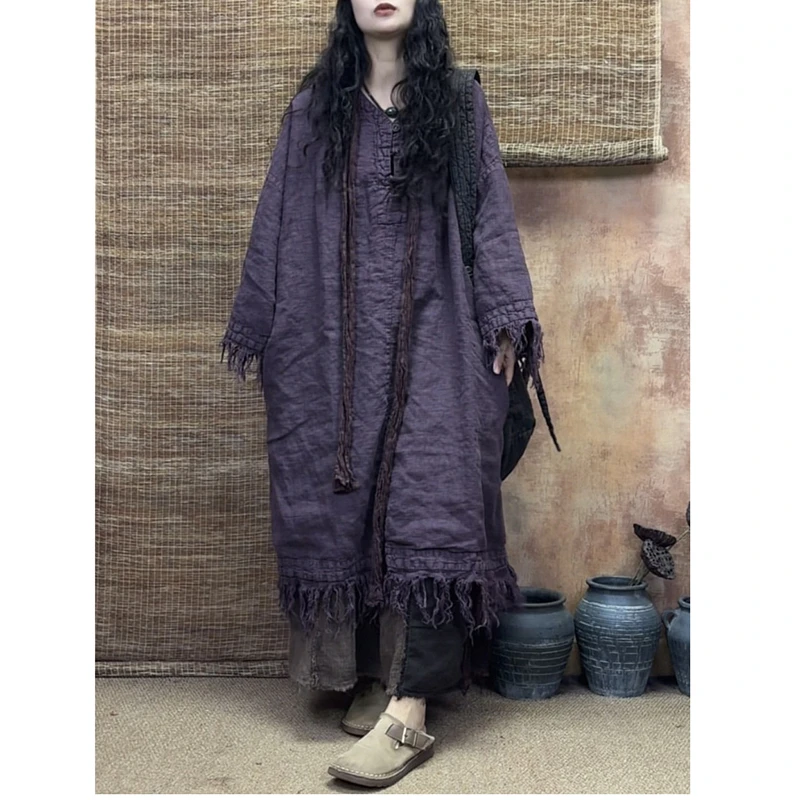 New Autumn Winter Women Vintage Loose Casual Double Layer Cotton Linenankle-length Dress Tassel Flare Sleeve V-neck Dresses S289