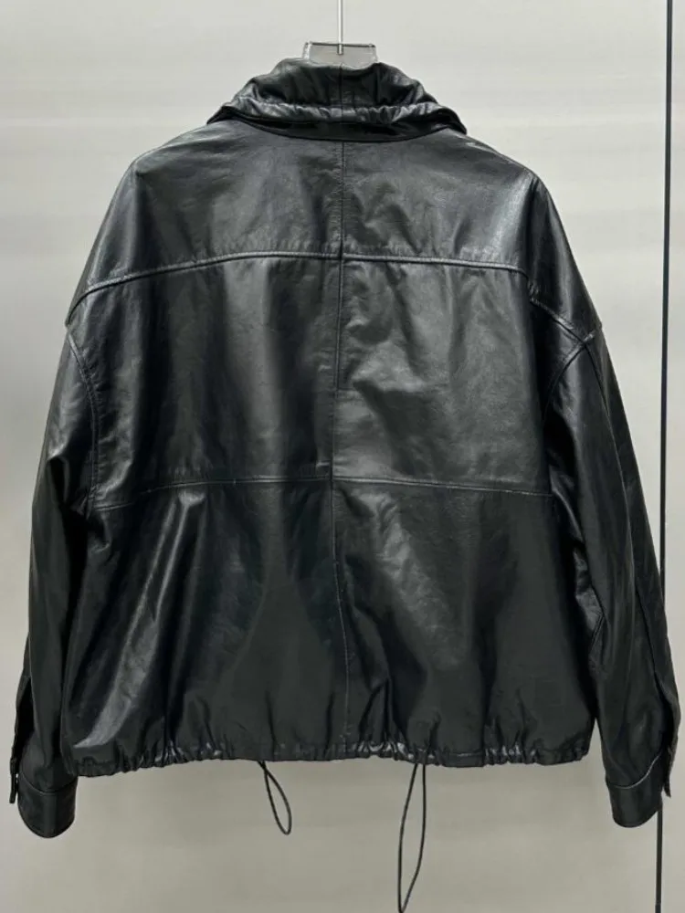 オフィスレディース ターンダウンカラー 快適な本革ジャケット ソリッドカラー 牛革 長袖 ルーズジッパー アウターウェア