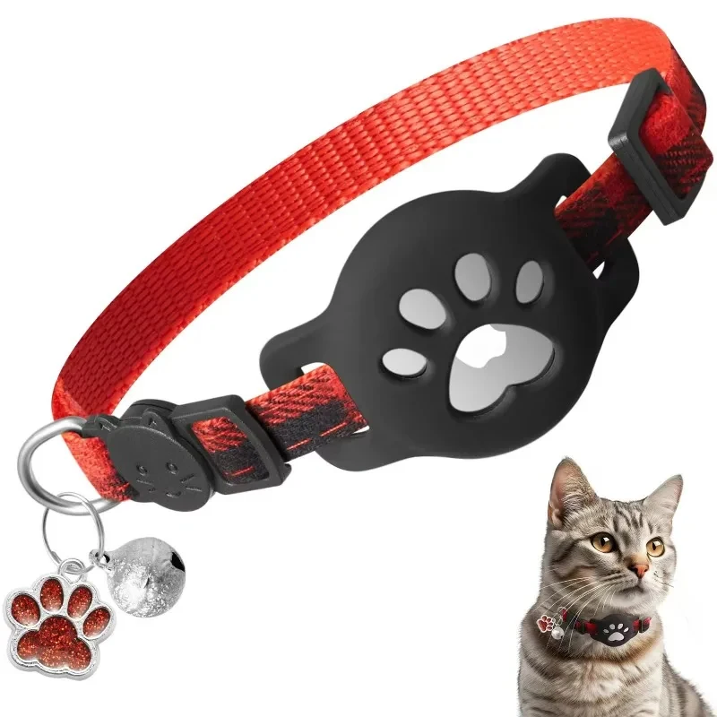 Reflective Cat Collar for Airtag Case Protective Tracker Holder with Bell Paw Pendant Anti-lost Pet Neck Strap