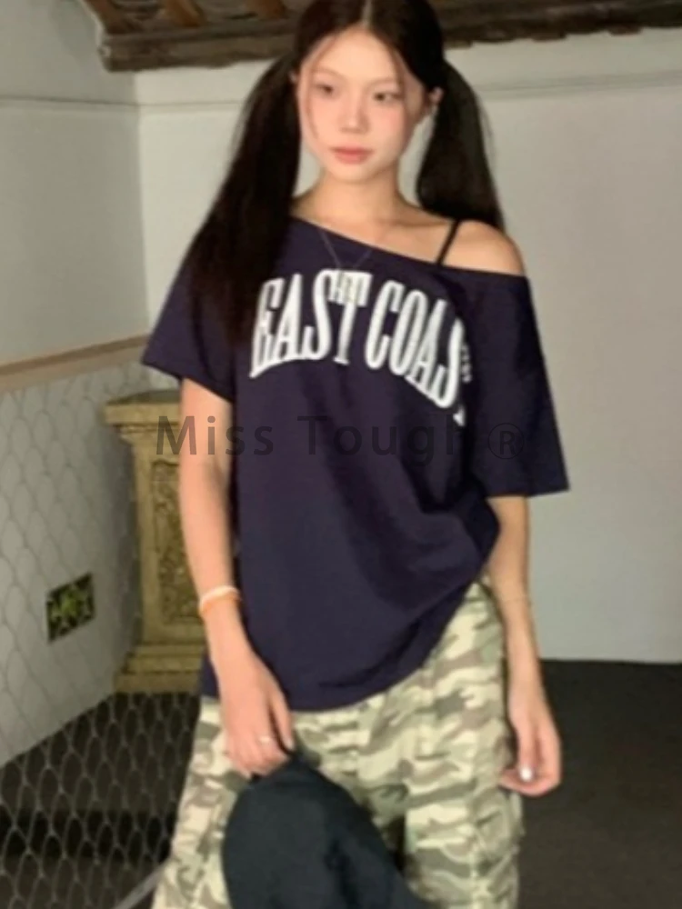 Kumikumi American vintage Letters Print Sloping Shoulder T-shirt Women Summer Sweet Cool Girl Loose Casual Slimming Top